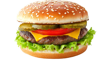 Classic Cheeseburger with Lettuce, Tomato, Pickles, and Melted Cheese on Sesame Seed Bun Isolated