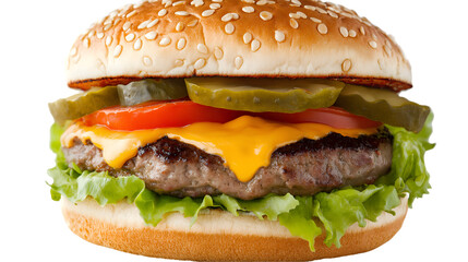 Classic Cheeseburger with Lettuce, Tomato, Pickles, and Melted Cheese on Sesame Seed Bun Isolated