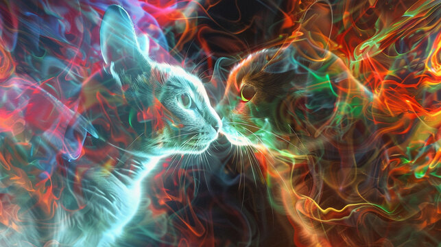Abstract image of a cat and rabbit with intertwining auras, focusing on detailed radiant energy and mystical vibes
