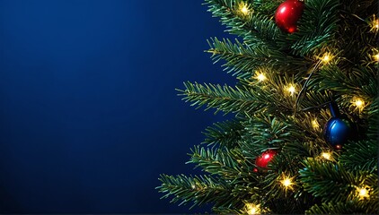 Fototapeta premium blue xmas background with pine tree branches gold snowflakes balls garland. Christmas frame greeting card template banner mockup.