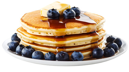 Stack of Fluffy Golden Pancakes Topped with Maple Syrup, Fresh Blueberries, and Butter Isolated