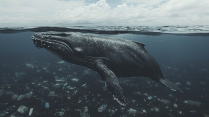 Obraz premium Whale breaching the ocean surface, surrounded by floating plastic waste, highlighting environmental issues