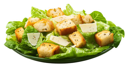 Fresh Crisp Caesar Salad with Romaine Lettuce, Croutons, Parmesan Cheese, and Caesar Dressing Isolated