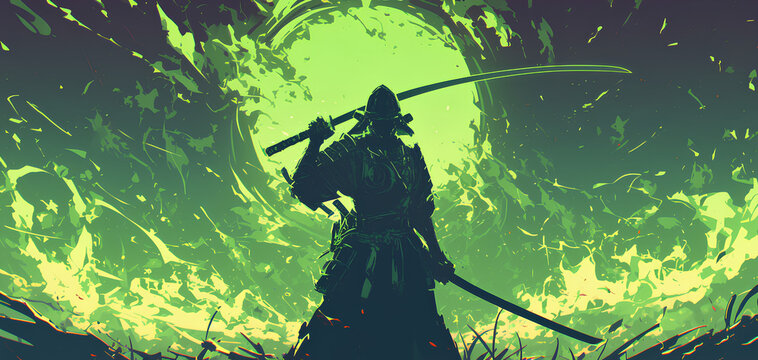 black and green color samurai silhouette with speed effect background