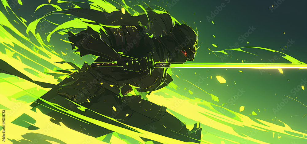 Wall mural black and green color samurai silhouette with speed effect background