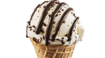Scoop of Rich Vanilla Ice Cream With Chocolate Drizzle in a Waffle Cone