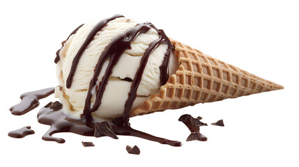 Scoop of Rich Vanilla Ice Cream With Chocolate Syrup in a Waffle Cone