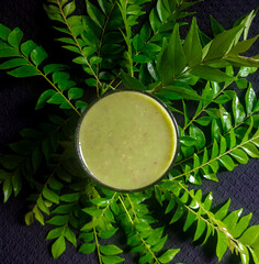 A vibrant green smoothie surrounded by fresh leaves on a textured black background, showcasing natural freshness.