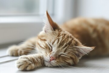 Healthy lifestyles for cats with a cat stretching on a sunny windowsill, emphasizing the importance of exercise and nutrition