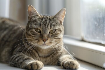 Healthy lifestyles for cats are showcased by a feline stretching in a sunlit windowsill, highlighting the vital roles of exercise and balanced nutrition for their well-being.