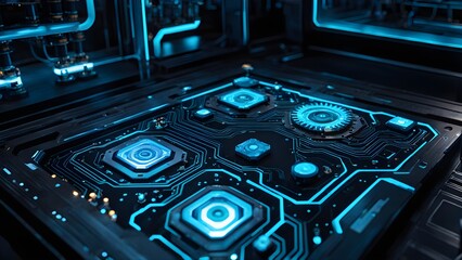 Obraz premium A computer chip with blue lights on it