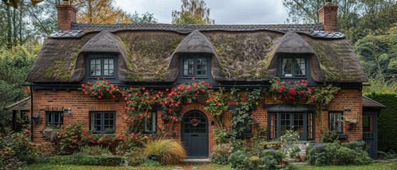 Fototapeta premium A large, old-fashioned house with a thatched roof and a green roof