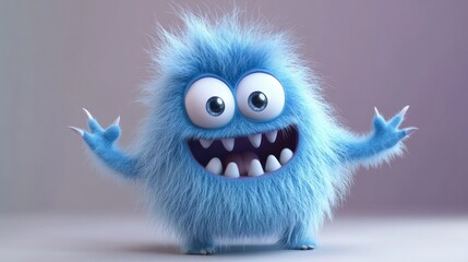 Naklejka premium Cute blue furry monster 3D cartoon character