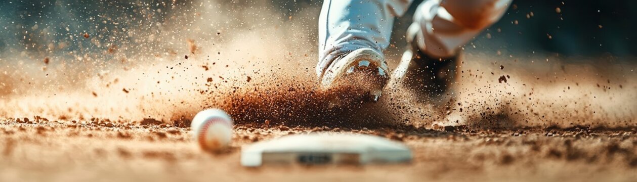 Close-up of a baseball player sliding into home plate under dramatic stadium lighting, action, baseball stadium