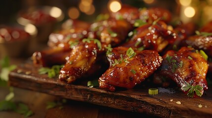 Cinematic close up of delicious buffalo wings on wooden table