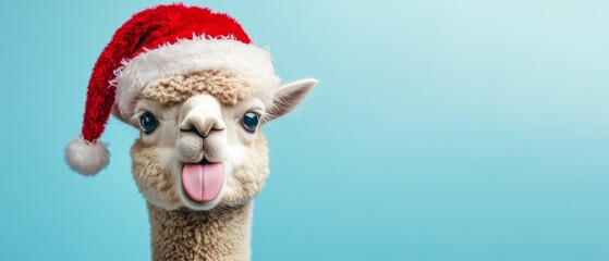 Merry Christmas concept holiday vacation greeting card banner panorama - Funny alpaca head with santa claus hat costume and tongue stuck out, isolated on blue background