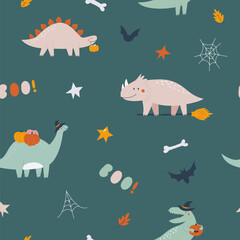 Seamless Halloween Patterns, Spooky Dinosaurs and Festive Elements