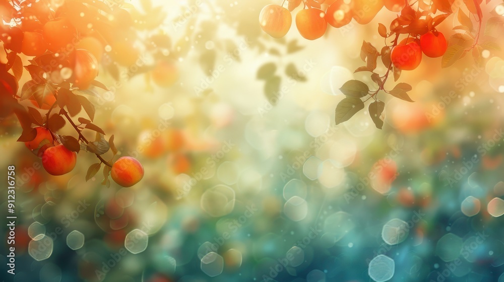 Poster Ripe Apples Hanging on a Branch with a Blurry Background