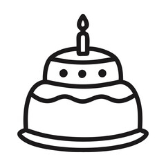 Black and white line art illustration of a birthday cake with a candle. Vector illustration