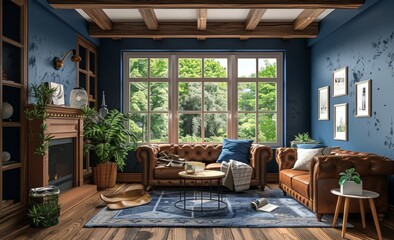 Fototapeta premium Spacious Living Room with Leather Sofas and Wooden Beams