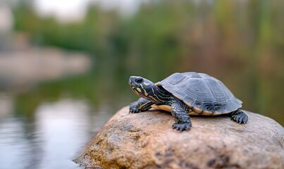 Fototapeta premium grey turtle resting on a rock in a peaceful pond, Generative AI