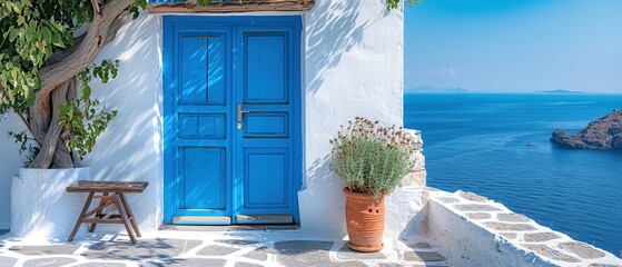 A blue door with a white trim sits in front of a house with a view of the ocean