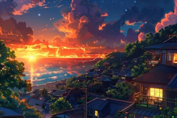 Naklejka premium Sunset over a Coastal Town with Japanese Architecture