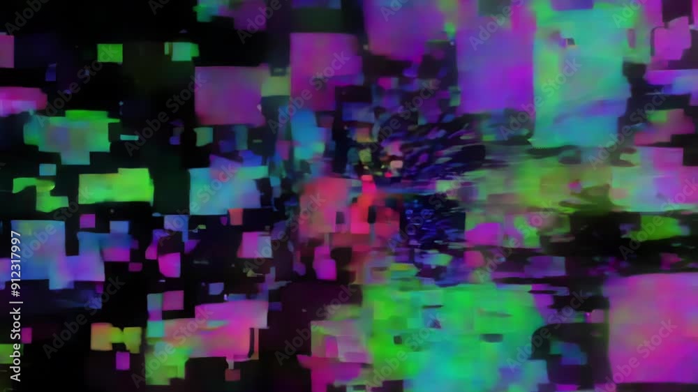 Poster bright, colorful pixels dynamically move and scatter in an abstract display, creating a mesmerizing 