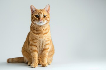 A close-up shot of an orange tabby cat sitting on a white surface, looking directly at the camera