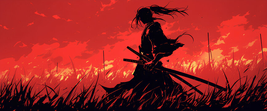black and red color samurai silhouette with speed effect background