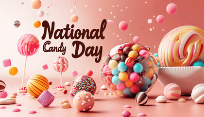 Colorful candies and lollipops on a pastel pink background with "National Candy Day" text. Concepts of celebration, sweets, and fun-filled moments.