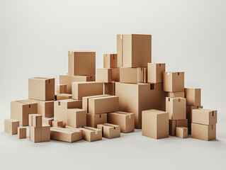 Obraz premium A multitude of brown cardboard boxes of different sizes are arranged in a stacked formation. The boxes display various dimensions and styles, creating an organized yet chaotic look.