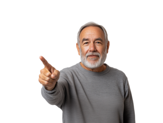 A senior man is standing confidently while pointing with his right hand. His gray sweater complements his cheerful demeanor, and he smiles warmly.