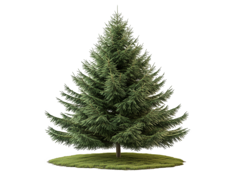 A lush green evergreen tree rises prominently from a circular patch of vibrant grass. The branches extend evenly, showcasing the tree's fullness and health