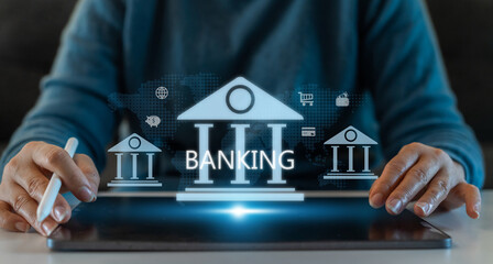 Businessman use smartphone with online banking digital technology, mobile banking, shopping,...