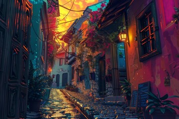 Fototapeta premium A Narrow Cobblestone Street in an Old Town