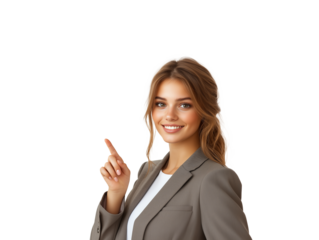 A young woman dressed in a stylish suit stands confidently, smiling brightly while pointing with her index finger.