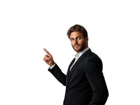 A well-groomed man dressed in a classic black suit stands confidently. He points upward with his right index finger, exuding a sense of assurance and authority.