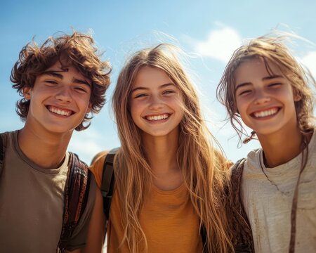 Happy young friends enjoying outdoor time together under a blue sky