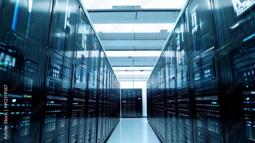 Poster rows of sleek server racks store vast amounts of data, illuminated by bright overhead lights in a mo
