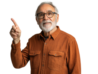 An elderly man with a gray beard and glasses is standing in a well-lit studio. He is wearing an orange button-up shirt and has a thoughtful expression on his face as he points upward.