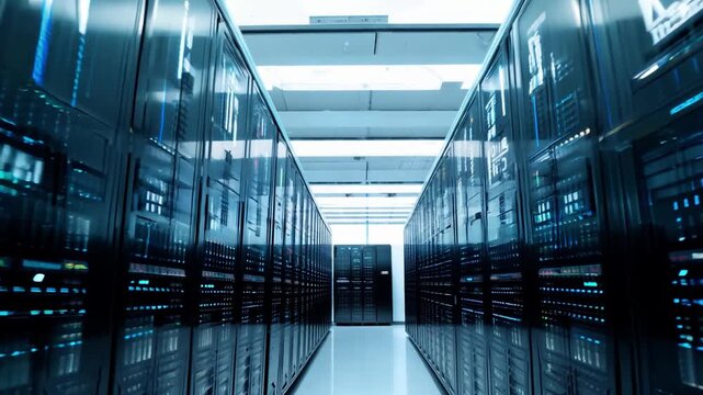 Rows of sleek server racks store vast amounts of data, illuminated by bright overhead lights in a modern data center environment.