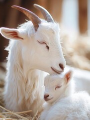 Obraz premium The white goat lovingly nuzzles its newborn kid in the peaceful barnyard setting.
