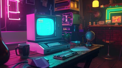 Retro Computer Workstation in a Neon Lit Room