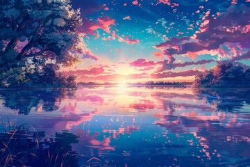 A picturesque scene depicting the setting sun reflecting off a calm body of water creating a vibrant display of color in the sky and water