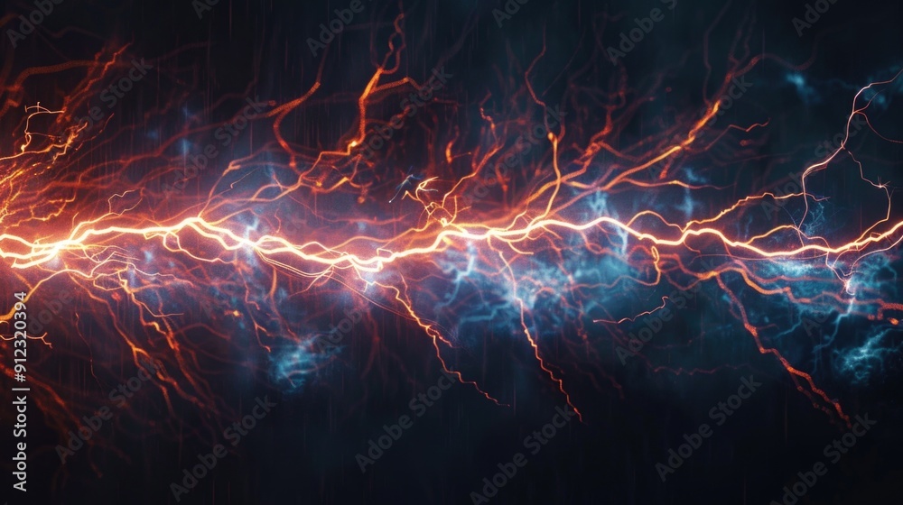 Poster close-up shot of a lightning bolt on a dark background, great for use in science and technology illu