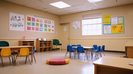 Empty Classroom: A bright and spacious classroom awaits the arrival of eager young learners, with colorful learning posters adorning the walls, small tables and chairs arranged for group activities, a