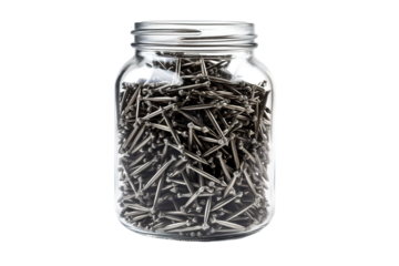 A Jar Filled With Silver Nails Ready For Construction on a White or Clear Surface PNG Transparent Background