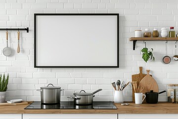Modern Kitchen Interior with Empty Frame and Stainless Steel Pots