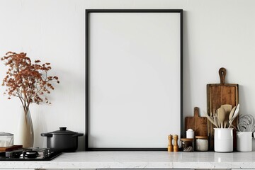 A Modern Kitchen with a Black Framed Blank Canvas Poster